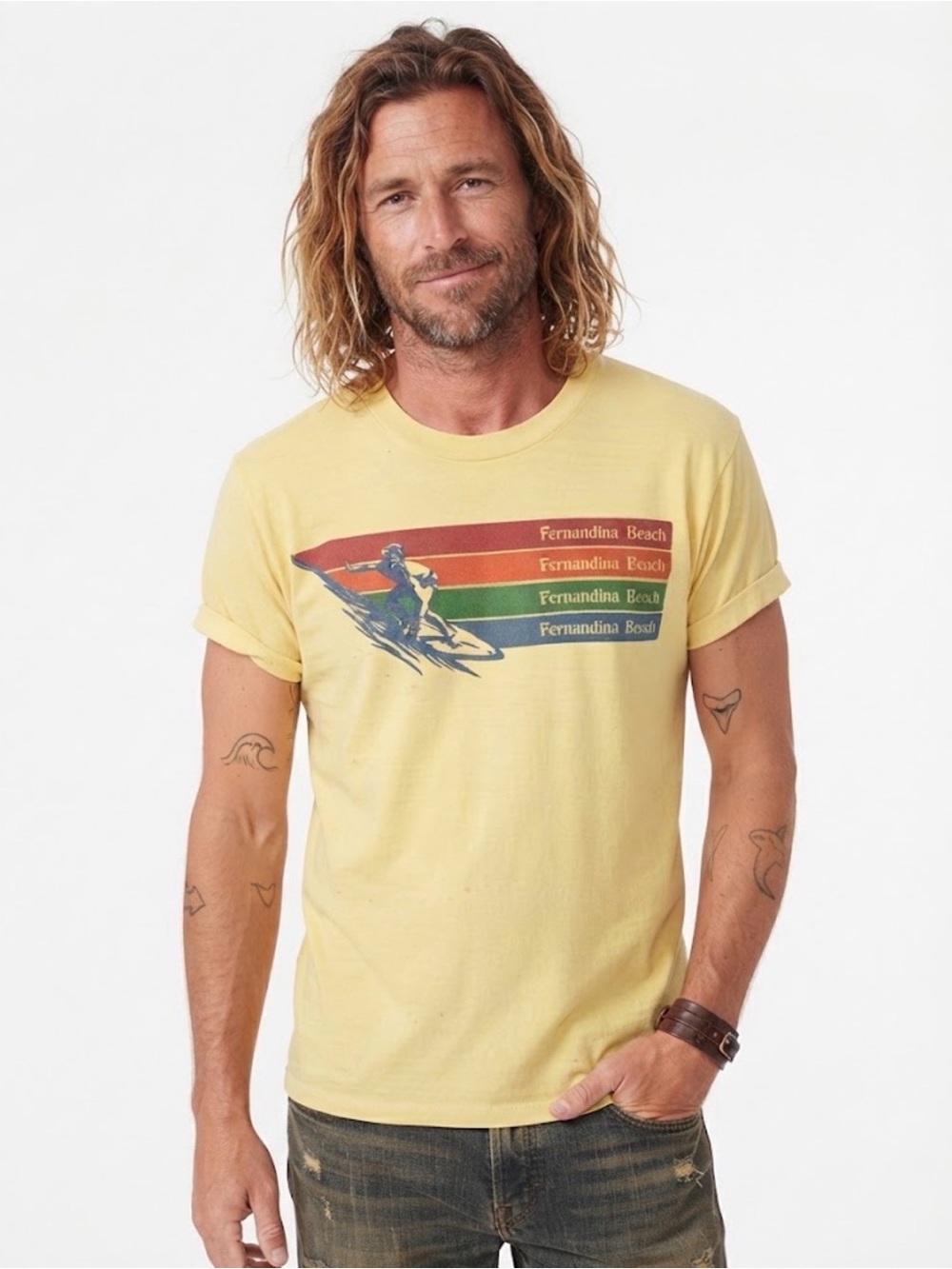 Vintage 70s 80s Fernandina Beach Surfer Graphic Tee Single Stitch Yellow SZ M
